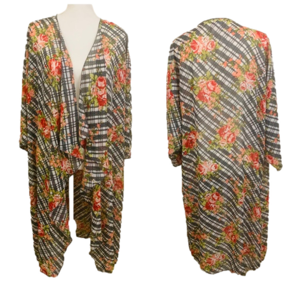Lularoe Shirley Boho Plaid Floral Sheer Kimono Cover Up Size L